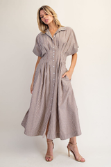 Brown Striped Pleated Maxi Dress