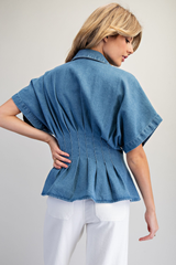 Denim Pleated Button Down Top