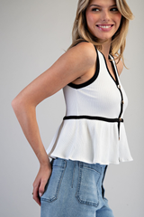 White Contrast Button Down SleevelessTop