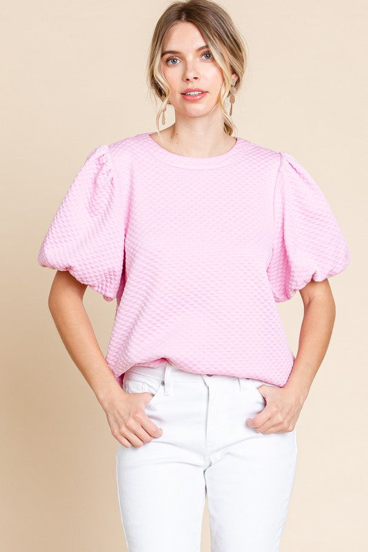 Pink Bubbled Textured Puff Sleeve Top