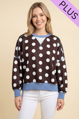 Curvy Brown Polka Dot Blue Trim Pullover