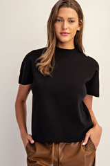 Black Mock Neck Button Detail Short Sleeve Sweater