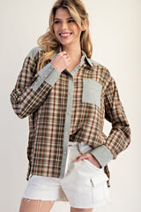 Green Striped Color Block Flannel Shirt