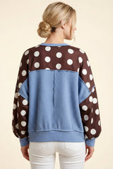 Brown Polka Dot Blue Trim Pullover