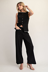 Black Whipstitch Trim Straight Leg Pants