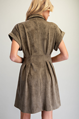 Olive Belted Suede Button Down Dress