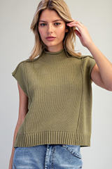 Olive Mock Neck Exposed Seam Knit Top