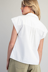 White Short Sleeve Button Front Top