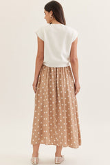 White Sweater and Tan Polka Dot Sleeveless Midi Dress Set