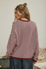 Button Henley Stripe Long Sleeve Sweater