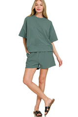 Ribbed Round Neck Waist Banded Tee And Short Set