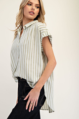 Sage Striped Short Sleeve Button Front Top