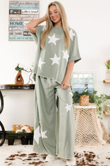 Olive Linen Elastic Waist Star Patched Pants