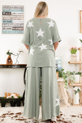 Olive Linen Elastic Waist Star Patched Pants
