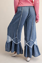 Washed Denim Ruffle Bottom Mineral Washed Pant