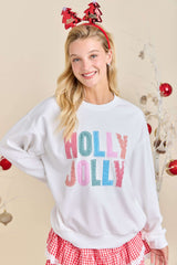 White Holly Jolly Patchwork Crewneck Long Sleeve