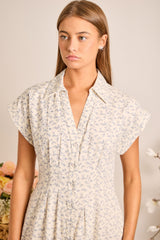 Blue Floral Button Front Collared Midi Dress