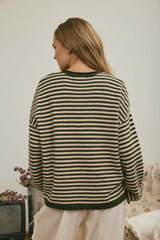 Button Henley Stripe Long Sleeve Drop Shoulder Sweater