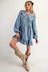 Denim Cape Collar Pleated Ruffle Dress