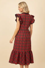 Red Plaid Ruffle Sleeve Midi Dress