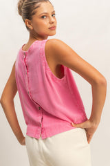 Pink Washed Button Back Sleeveless Top