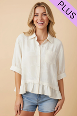 Curvy Ivory Jacquard Ruffle Hem Top