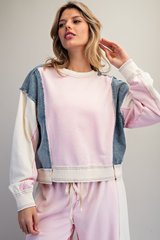 Pink Frayed Color Block Long Sleeve Top