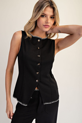 Black Whipstitch Trim Button Down Vest