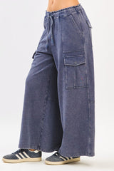 Faded Navy Terry Knit Wide Leg Pants