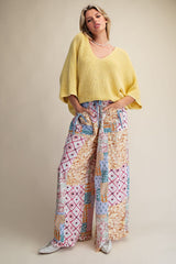 Patchwork Wide Leg Ruffle Hem Pants