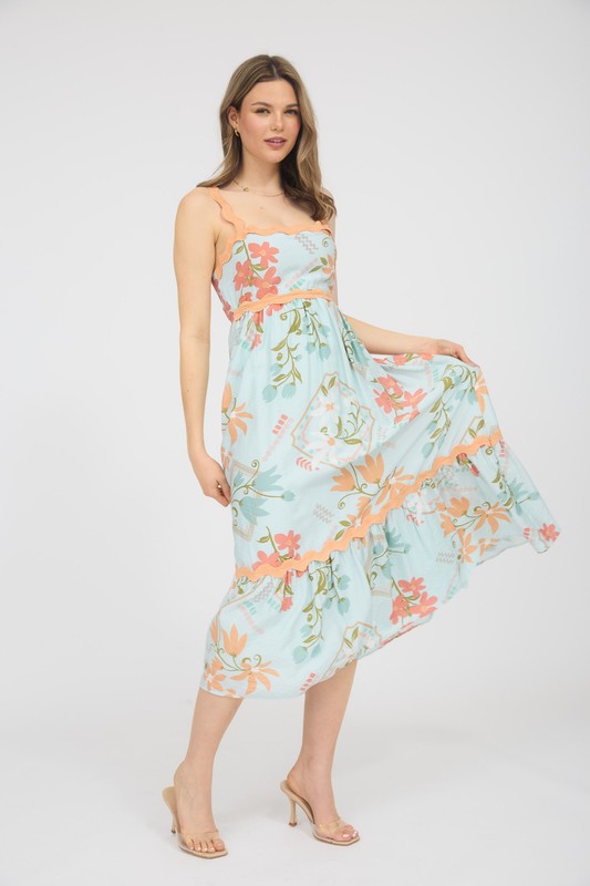 Mint Floral Print Midi Dress with Orange Trim