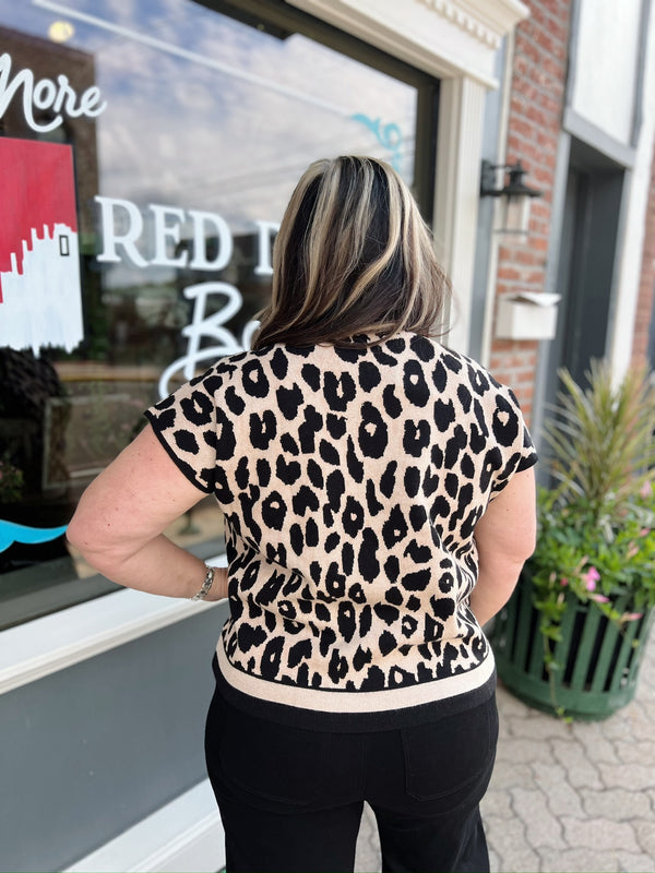 Curvy Leopard Print Sleeveless Sweater Black Trim