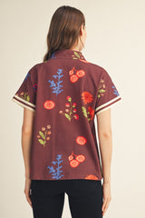 Floral Rib Band Trimed Front Zip Top