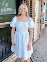Light Blue Puff Sleeve Baby Doll Dress with Pockets
