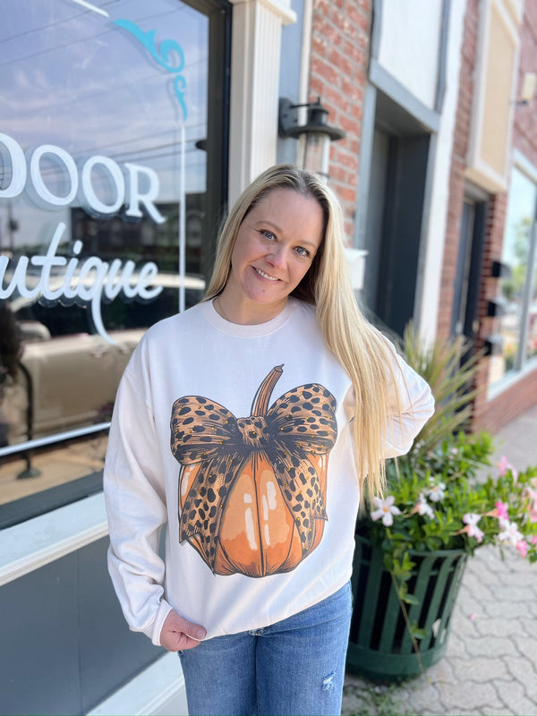 Pumpkin Cheetah Bow Sweatshirt With Rhinestone Details