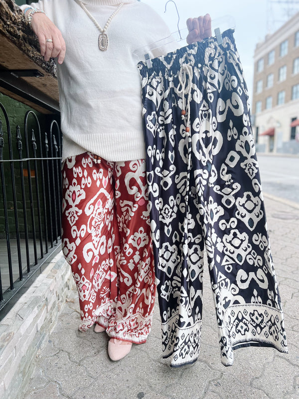 Printed Wide Leg Satin Pants