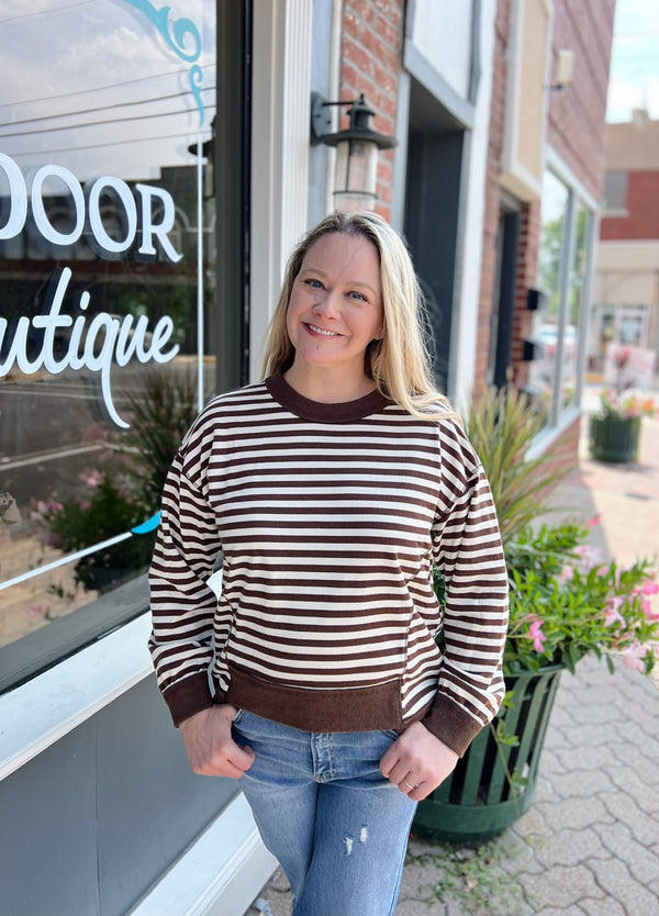 Brown Striped Long Sleeve Crewneck
