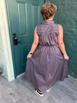 Navy and Brown Stripe Sleeveless Dress