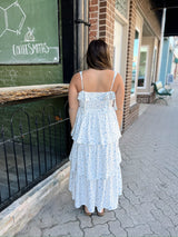 Blue & White Floral Corset Ruffle Tiered Dress