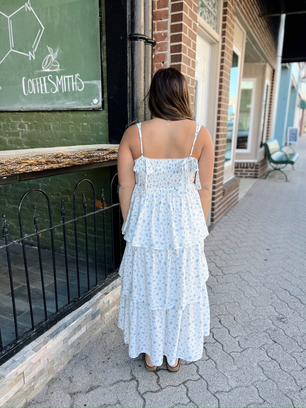 Blue & White Floral Corset Ruffle Tiered Dress