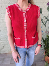 Red Ribbed Finish Button Down Sweater Vest