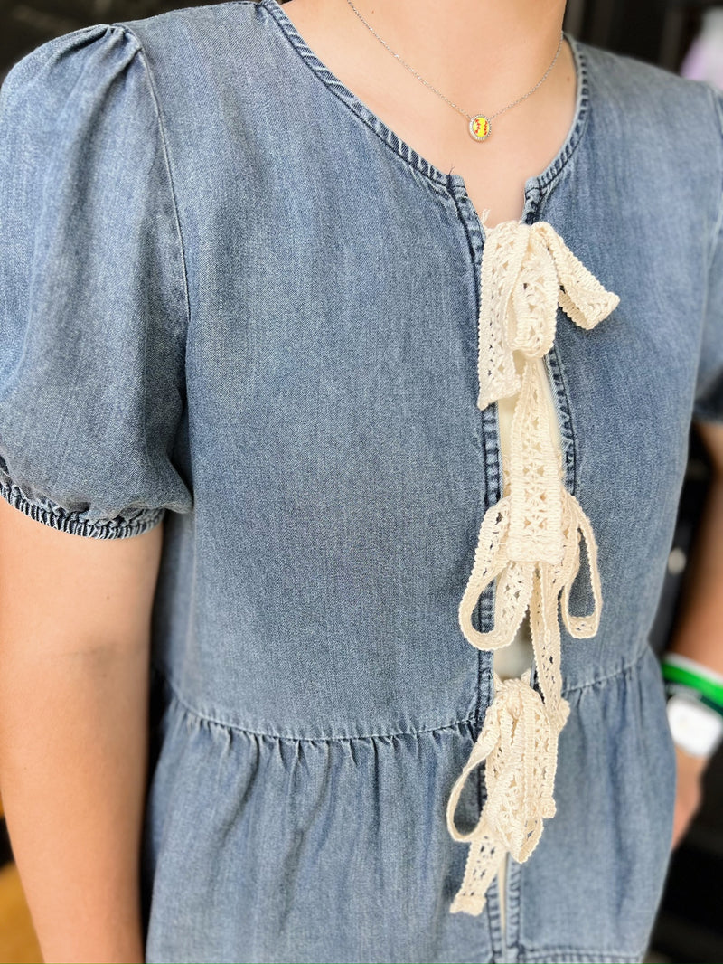 Denim Top with Front Ribbon Tie
