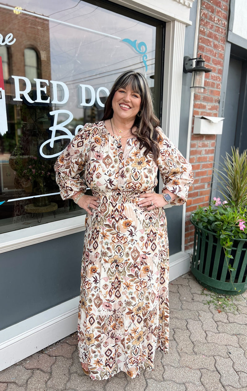 Curvy Long Sleeve Floral Maxi Dress