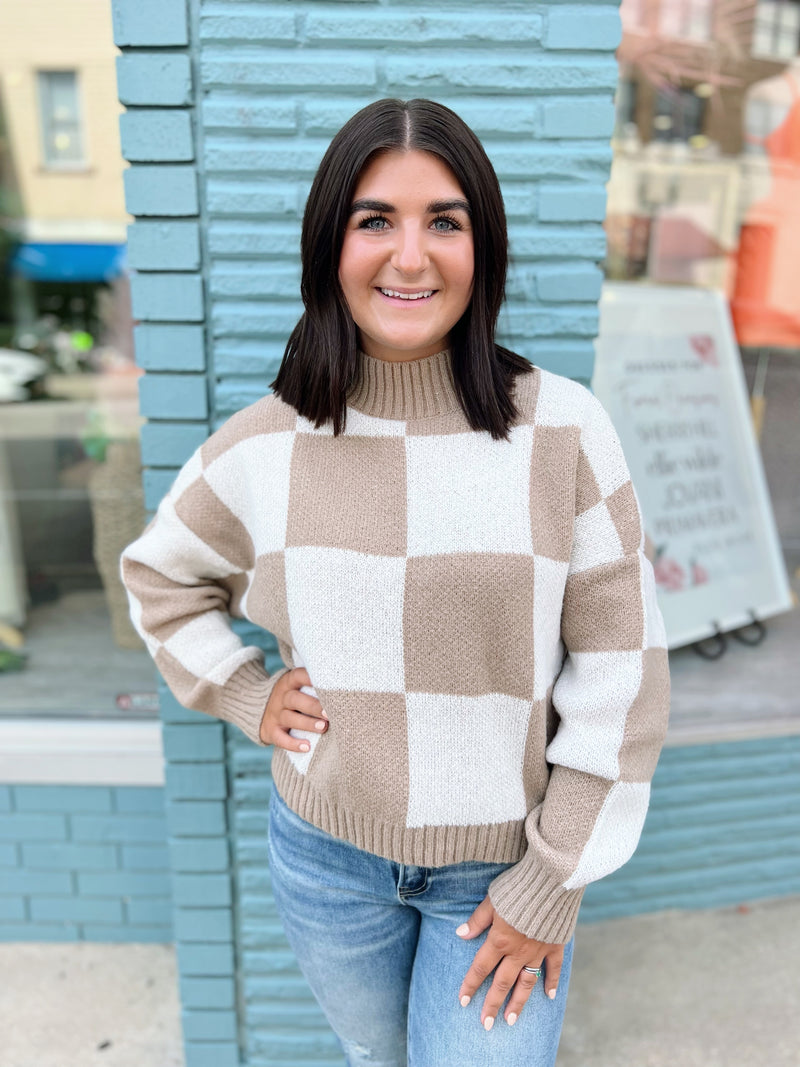 Round Neck Tan Checkered Sweater