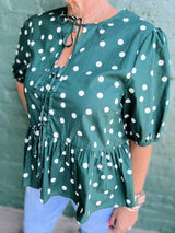 Green Polka Dot Puff Sleeve Top