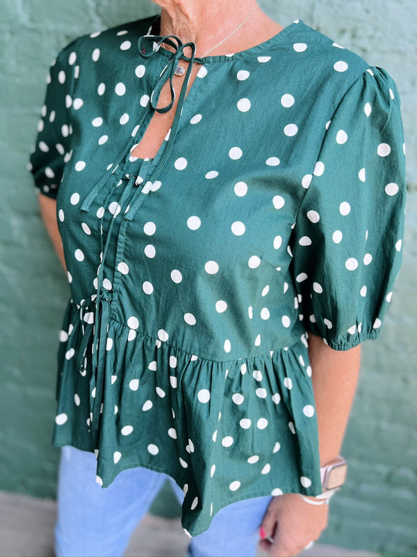 Green Polka Dot Puff Sleeve Top