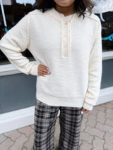 Ivory Half Button Crew Neck Sweater