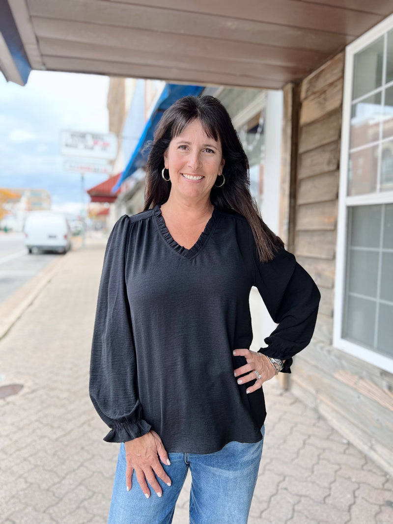 Black Ruffle Neckline Top