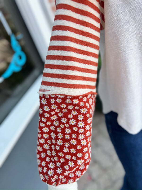 Cream and Rust Oversized Striped Floral Pullover