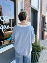 Mineral Wash Floral Trim and Plaid Contrast Top